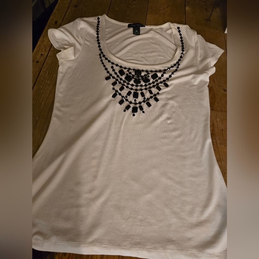 Elegant White Tee with Black Beaded Accents